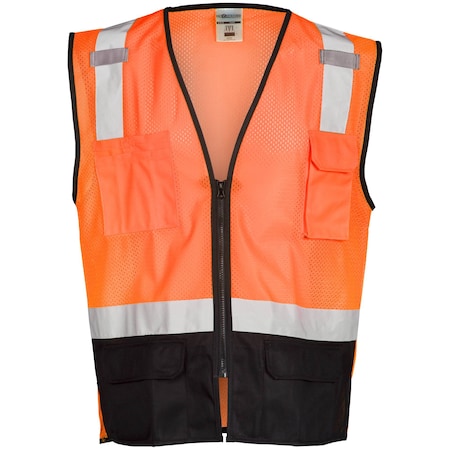 L-XL, Orange, Class 2, Black Bottom Mesh Vest - Economy